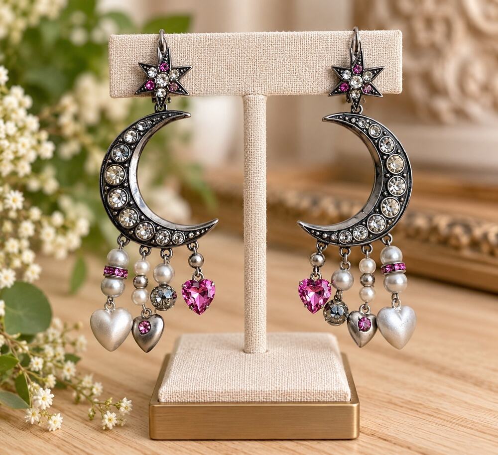 Tonic Celestial Moon Star Heart Dangle Earrings Pink Rhinestone Pearl Statement